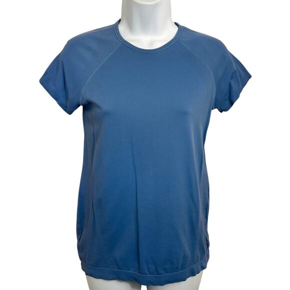 Athleta Seamless Top Sz M Blue Short Sleeve Athletic Shirt Vented Stretch Gym - Picture 2 of 4